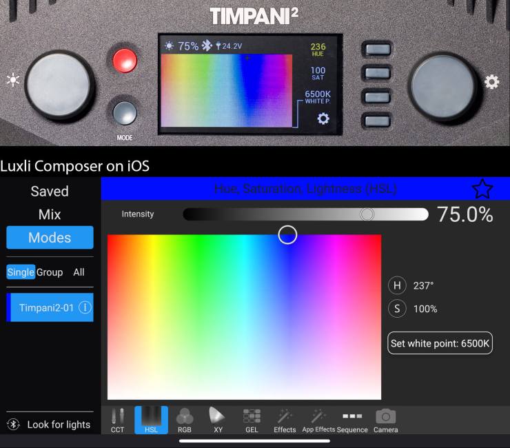 Ensemble de panneaux Luxli Timpani 2 pour le mode HSL et les commandes HSL de l'application iOS Luxli Composer