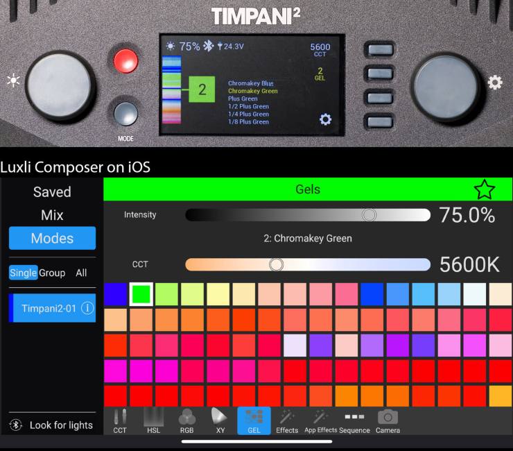 Ensemble de panneaux Luxli Timpani 2 pour le mode Gel et les commandes Gel de l'application iOS Luxli Composer