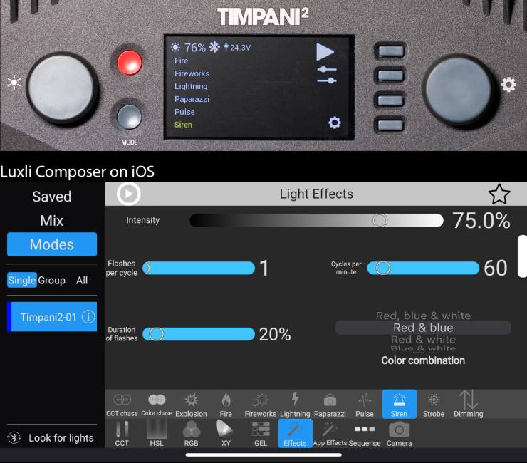 Ensemble de panneaux Luxli Timpani 2 pour le mode Effets et les commandes d'effets de l'application iOS Luxli Composer
